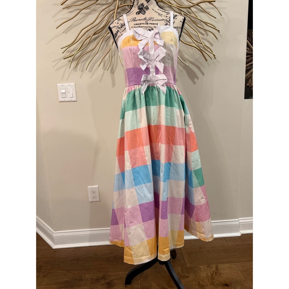 Pastel Rainbow Gingham Bow Front Smocked Back Midi Dress Sleeveless Multi Color